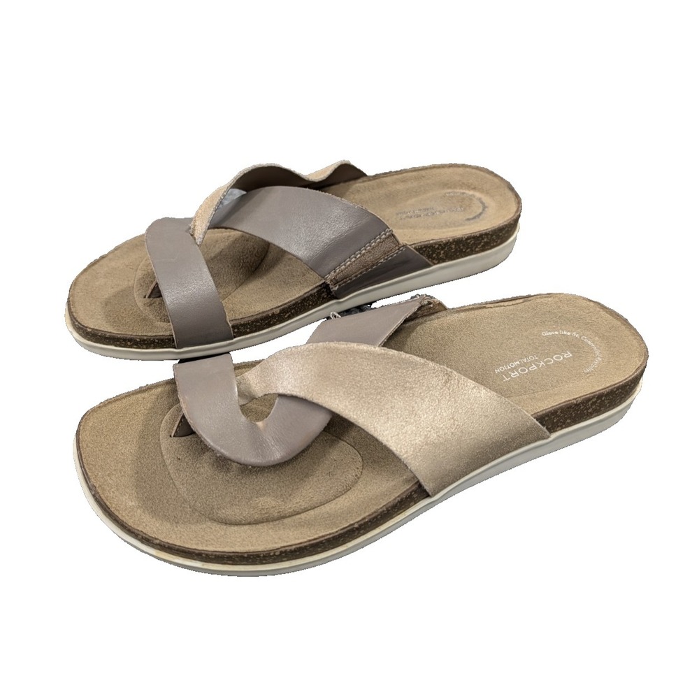Rockport Total Motion Thong Sandal Women 7 Gold Gray Leather Casual Vacation
